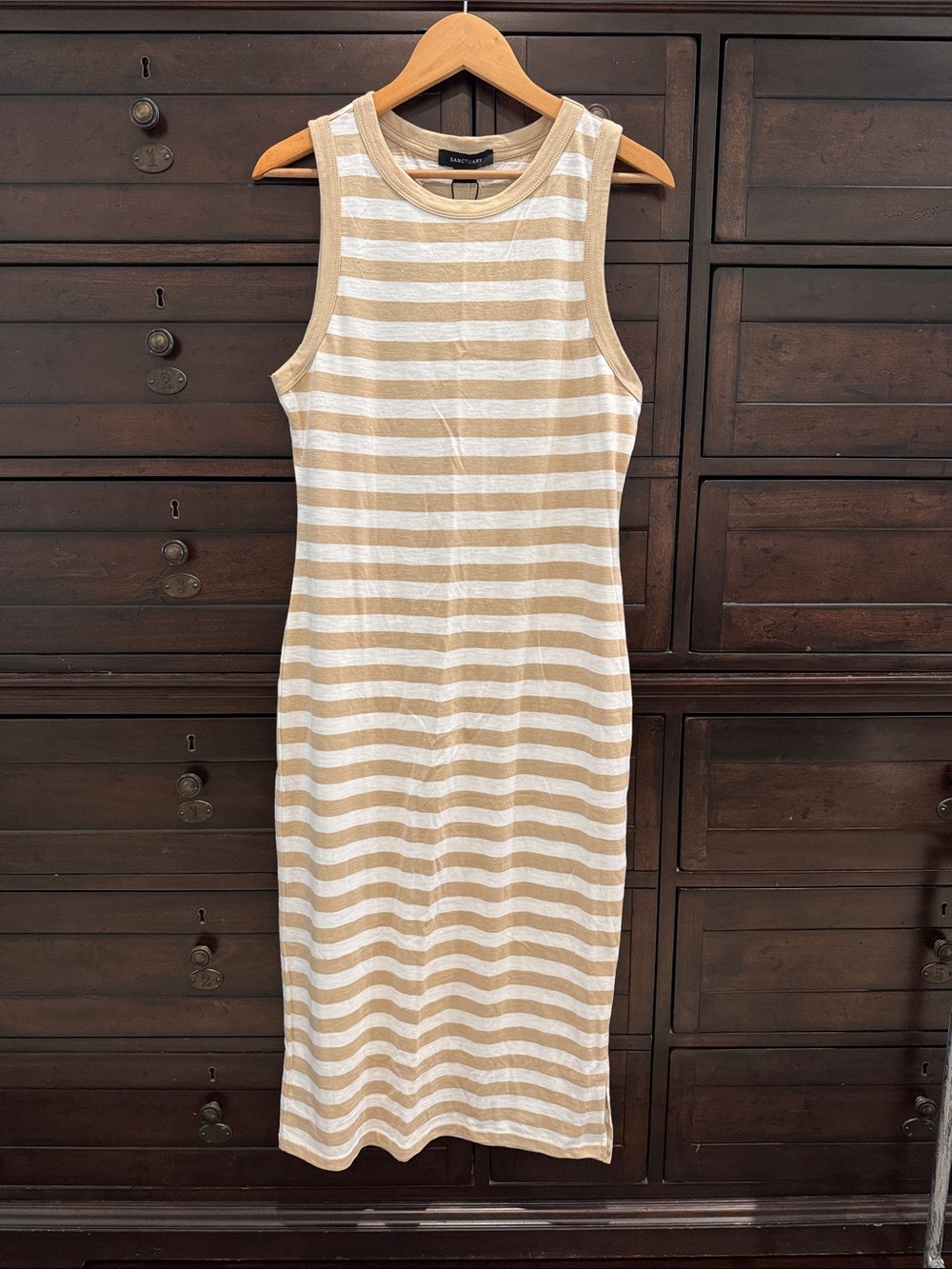 SANCTUARY Sleeveless Beige and White Stripe Dress